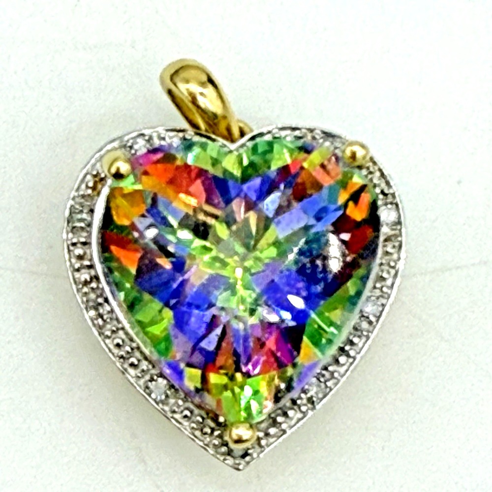 14k SH Yellow Gold Large Mystic Topaz Diamond Heart Pendant Chunky Statement 6Gr